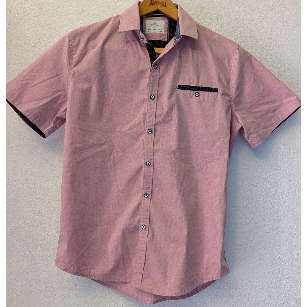 Craft & Flow Button Front Short Sleeve Shirt Pink Mens Size Small (715m)